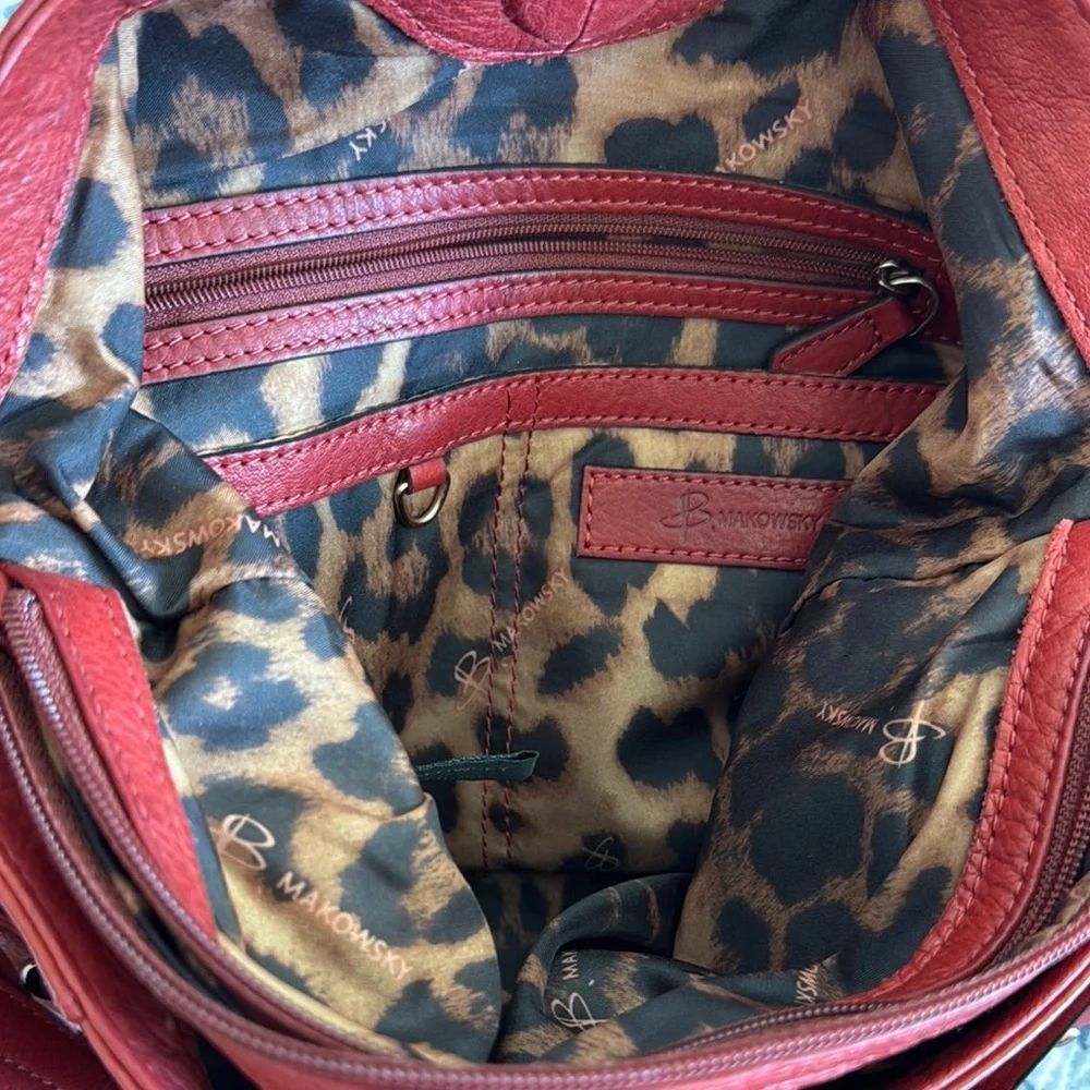 B. Makowsky Red Leather and Rose Gold Studded Bag
